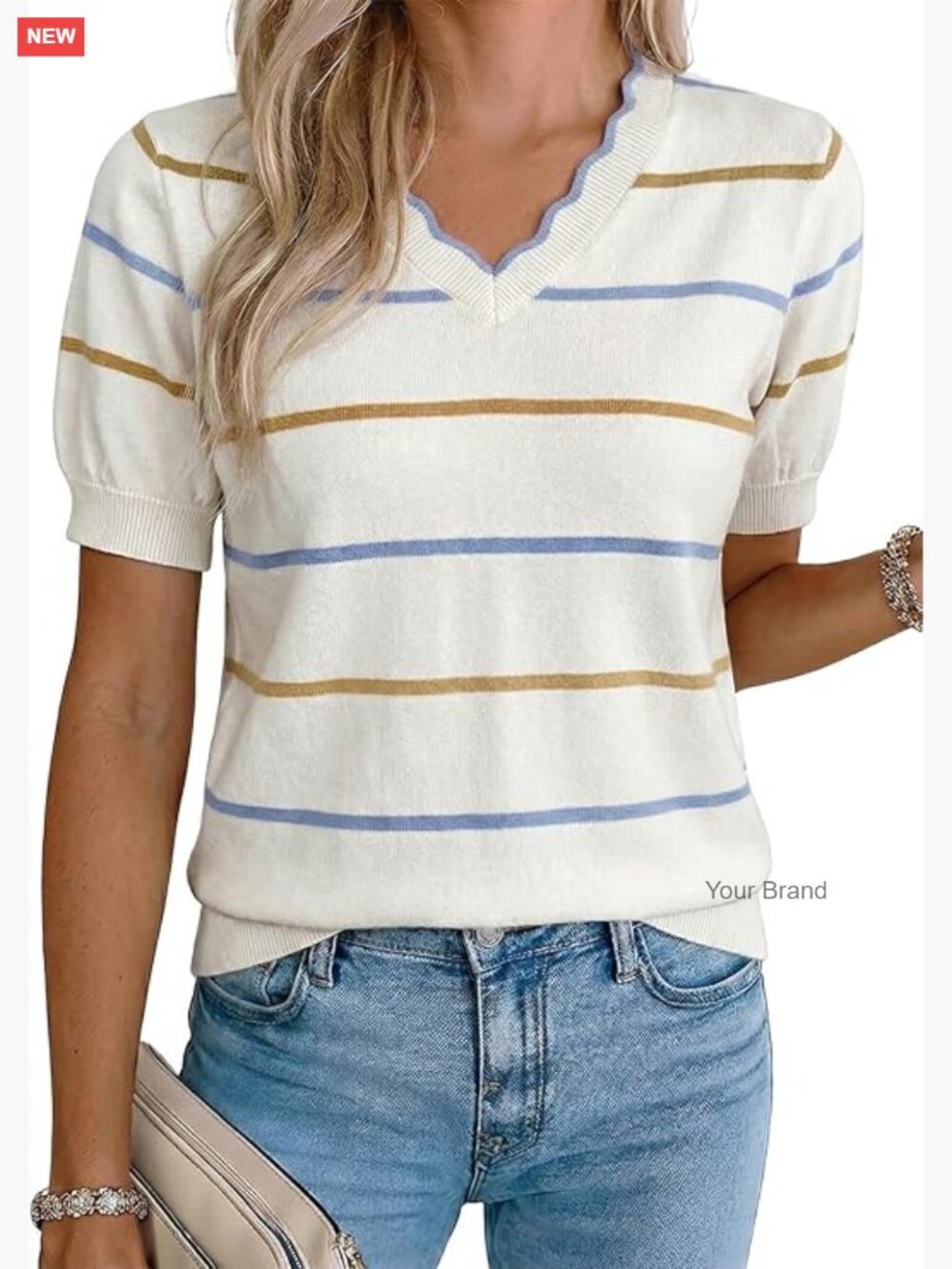 Short Sleeve V-Neck Striped Knit Pullover Sweater Blouse